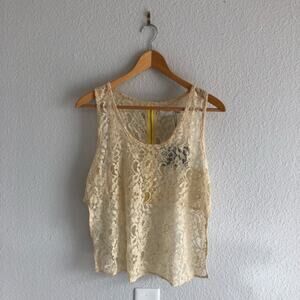 LF Cream Lace Top Neon Zipper Open Back Sheer  NWT